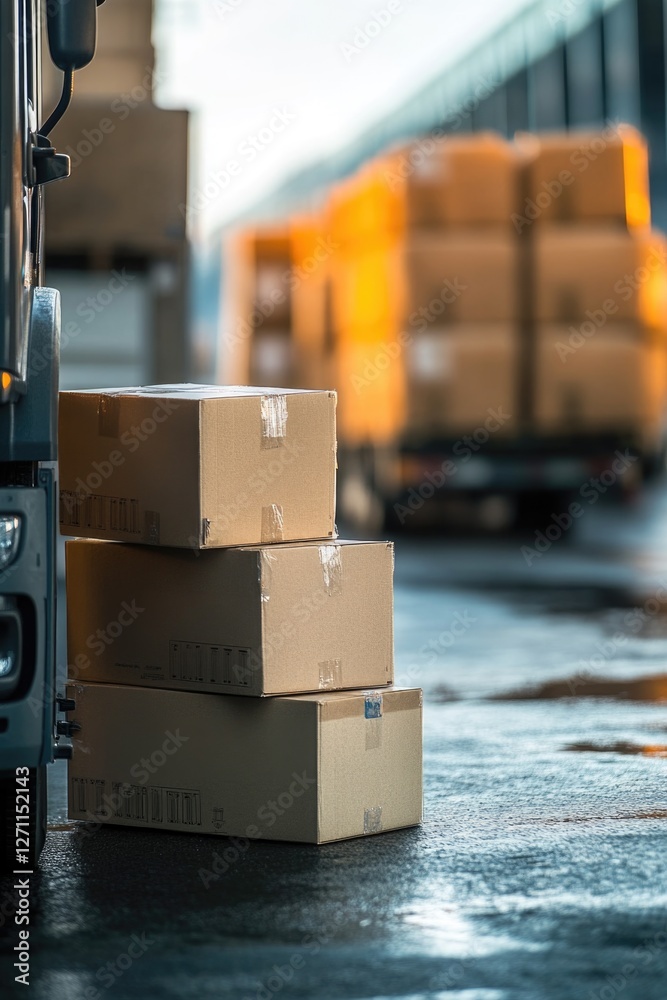 Poster a forklift with a stack of boxes beside it, possibly in a warehouse or storage area