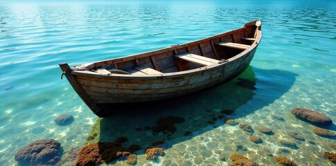 Obraz premium Wooden boat partially submerged in shallow waters with seaweed, marine, water, nature
