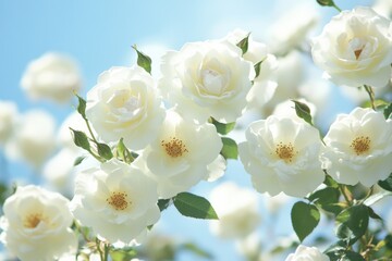Obraz premium A bouquet of white roses surrounded by lush green leaves