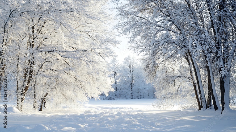 Poster beautiful winter wonderland scene with glimmering snow and frosted trees : generative ai