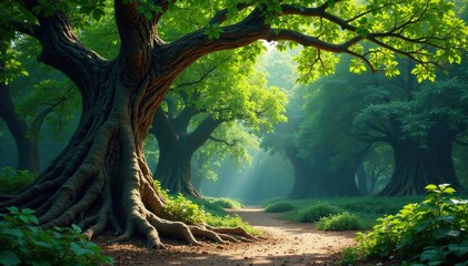 Ancient trees with gnarled branches and roots, foliage, gnarled, vegetation