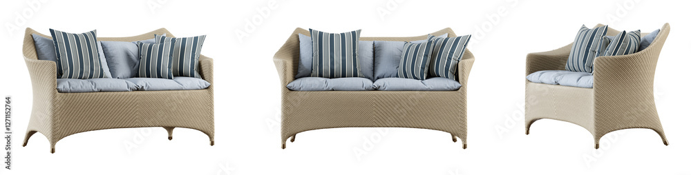 Poster Wicker sofa set isolated on transparent background. 3D render. 3D illustration.