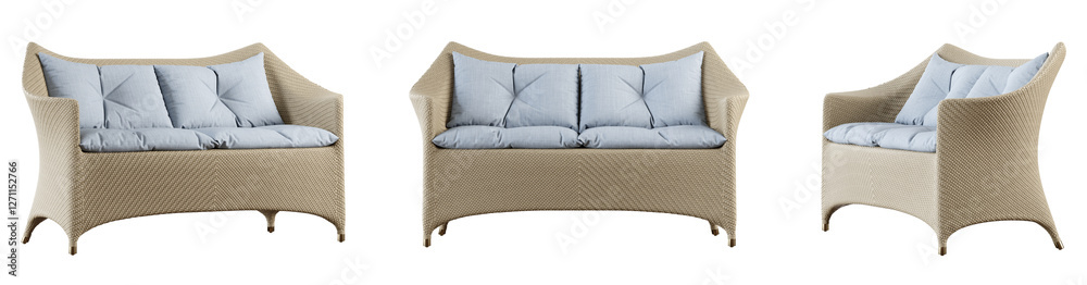 Poster Wicker sofa set isolated on transparent background. 3D render. 3D illustration.