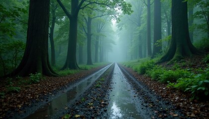 Obraz premium Rain-soaked forest road with deep puddles and misty atmosphere, tree roots, forest road, wet