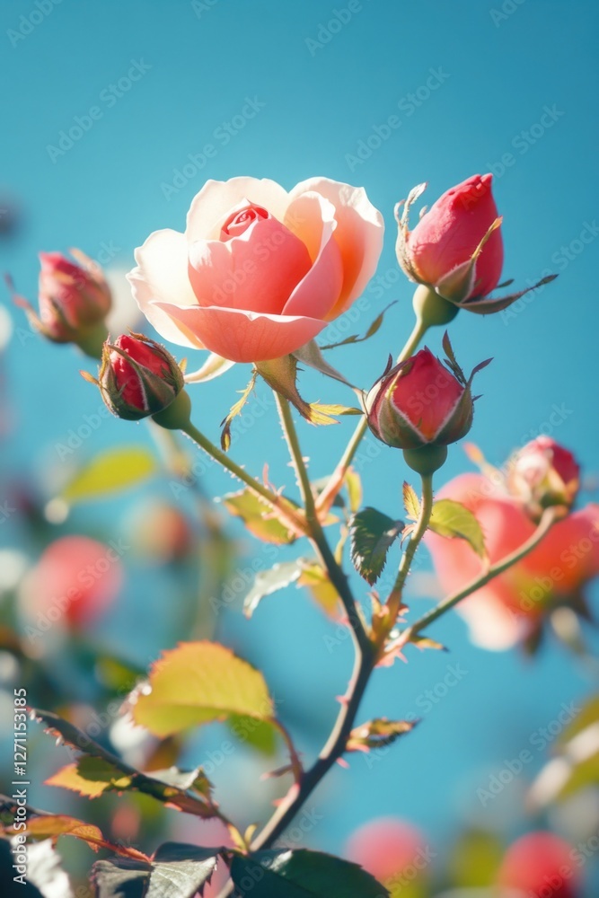Poster a single pink rose grows on a tree branch, close-up view