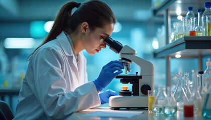 Technician examines food samples through microscope in laboratory for contaminants, product safety. Woman works in lab with test tubes, flasks. Microbiological tests with biotechnology development,