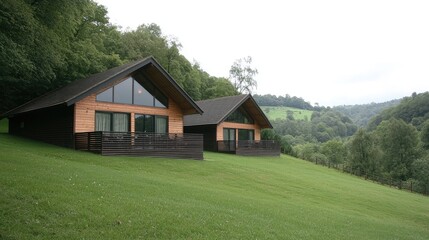 Fototapeta premium Valley view hillside cabins, nature escape