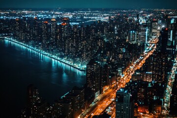 Obraz premium Aerial view of a sprawling metropolis at night urban landscape nighttime cityscape illuminated skyline high altitude perspective modern architecture vibrant lights