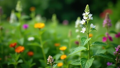 White mugwort growing in a garden with other plants and flowers, greenery, garden