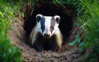 A clever badger emerging from its burrow