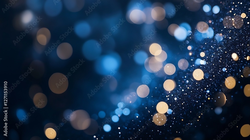 Poster glistening and vibrant bokeh with blue and gold lights creating a dreamy and magical atmosphere in t