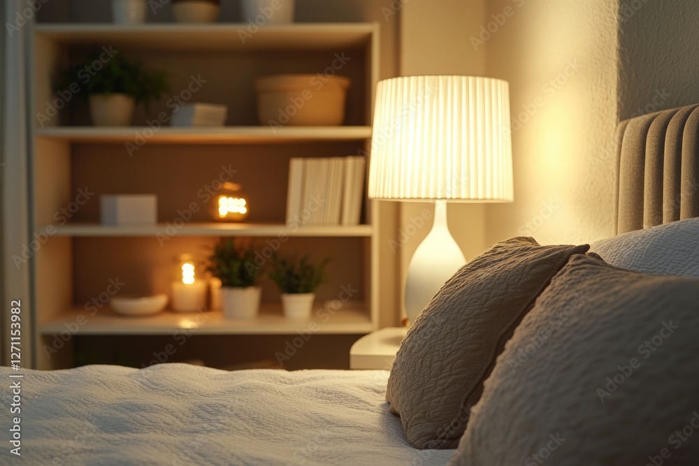 Poster Bed with a lamp and bookshelf in the background, perfect for a relaxing read or nightlight