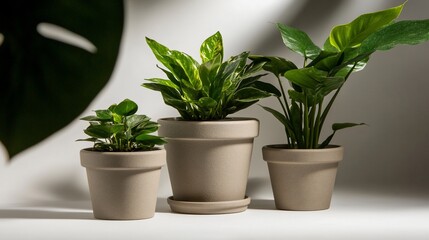 Fototapeta premium Three potted plants in a minimalist setting, showcasing their vibrant green foliage against a neutral background. The image evokes a sense of tranquility and natural beauty.