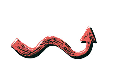 Curved arrow crayon drawing. Neo brutalist doodle style. Red pointer for collage isolated on white background. Vector hand drawn illustration