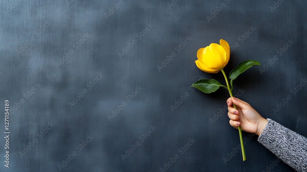 Aufkleber bright yellow flower being held against a dark background creating a minimalist and elegant floral a