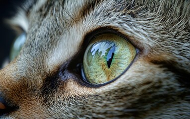 A close up of a cat piercing green eye