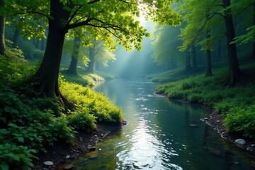 Obraz premium Dense foliage surrounds meandering river bends, riverbank, branches, tree