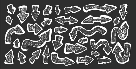 Arrow set pencil drawing sticker. Textured effect direction pointers. Black navigation. Path marks isolated on white background. Vector hand drawn illustration.