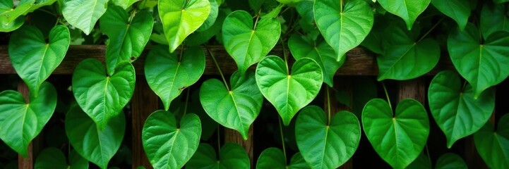 Green Epipremnum Pinnatum leaves on a wooden trellis, trellis, leafy greens, plants