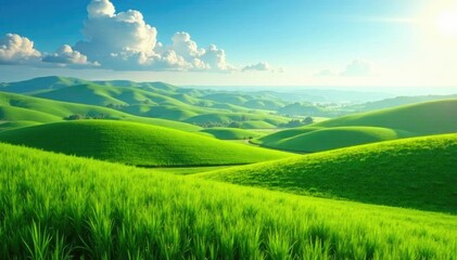 Endless green fields stretching far beyond the horizon, rolling hills, sunny landscape