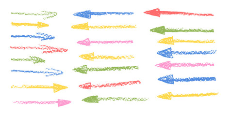 Arrow crayon drawn set. Straight pointers doodle elements. Vector kids direct arrows by pencil. Way stroke shapes. Chalk turn path graphic freehand illustration isolated on white background.