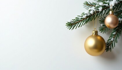golden ornaments hanging from snowy fir branch against white backdrop, snowy scene, white backdrop, xmas festive