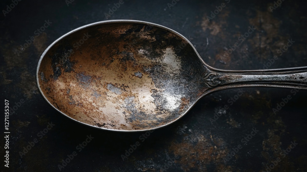 Poster a silver spoon with a rusted handle placed on a black surface, suitable for use in still life photog