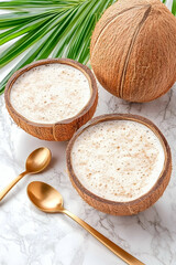 Coconut drinks served inside shell on marble background and palm leaves