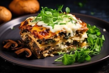 Top view of plate with vegetarian lasagna and mushrooms