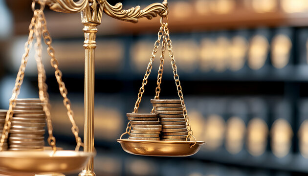 Coins balance on scales show wealth in business, law office, finance background