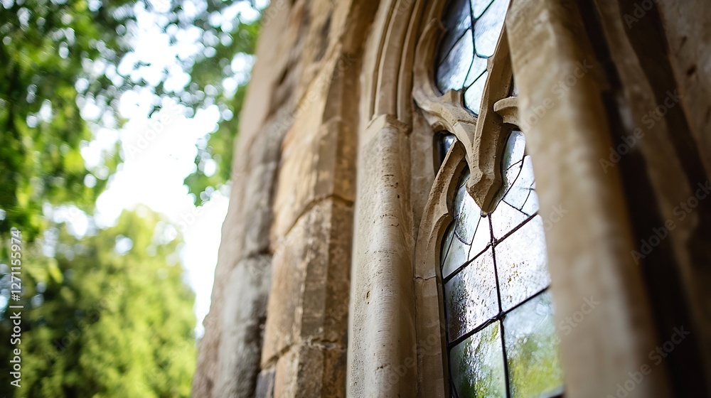 Poster intricate stained glass window design showcasing historical architecture and lush greenery outside :