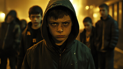 Fototapeta premium A young boy in a dark jacket and hood stands confidently, surrounded by peers in an urban setting under dim streetlights at night