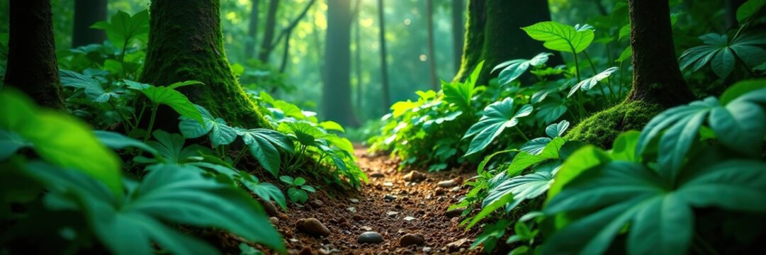Emerald green foliage scattered on the forest floor, tropical plants, greenery, wild growth
