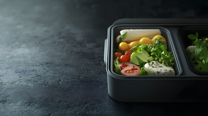 School lunch box with full meal top view with copy space 