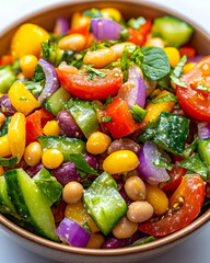 Colorful bean salad served in wooden bowl. Healthy dish for lunch or side meal