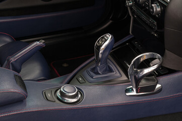 Automatic transmission in modern car. Interior detail.