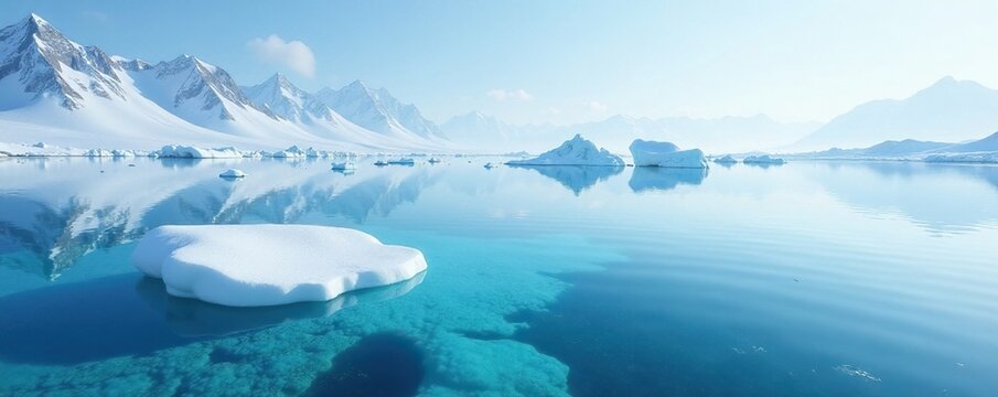 Snowy ice floes float on crystal clear waters, reflected in stillness, peaceful atmosphere, snowy scenery, frosty calm