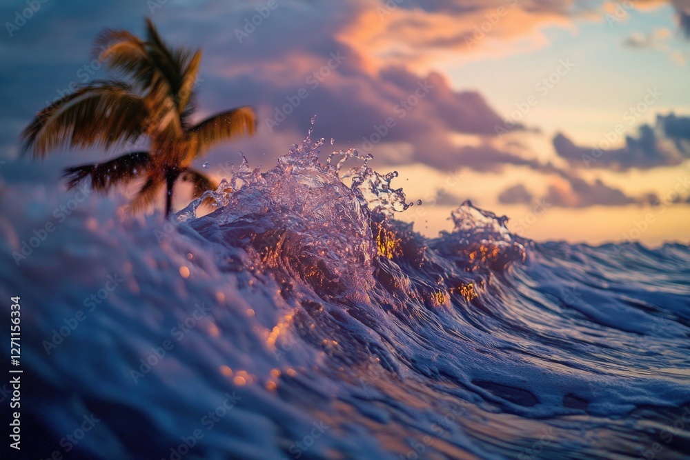 Poster A powerful wave crashes against the trunk of a palm tree, with water splashing everywhere