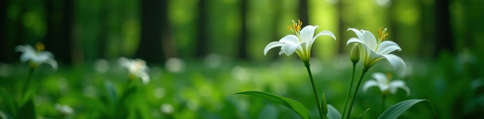 White lily blooms against a backdrop of deep green forest, serene, natural, peaceful