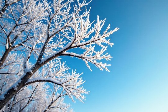 Icy branches of bare trees stretch towards frosty blue sky, frosty landscape, frosty branch - Powered by Adobe