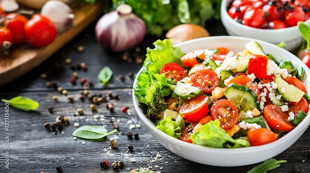 Aufkleber vibrant fresh salad made with ripe tomatoes lettuce and a mix of colorful vegetables served in a bow