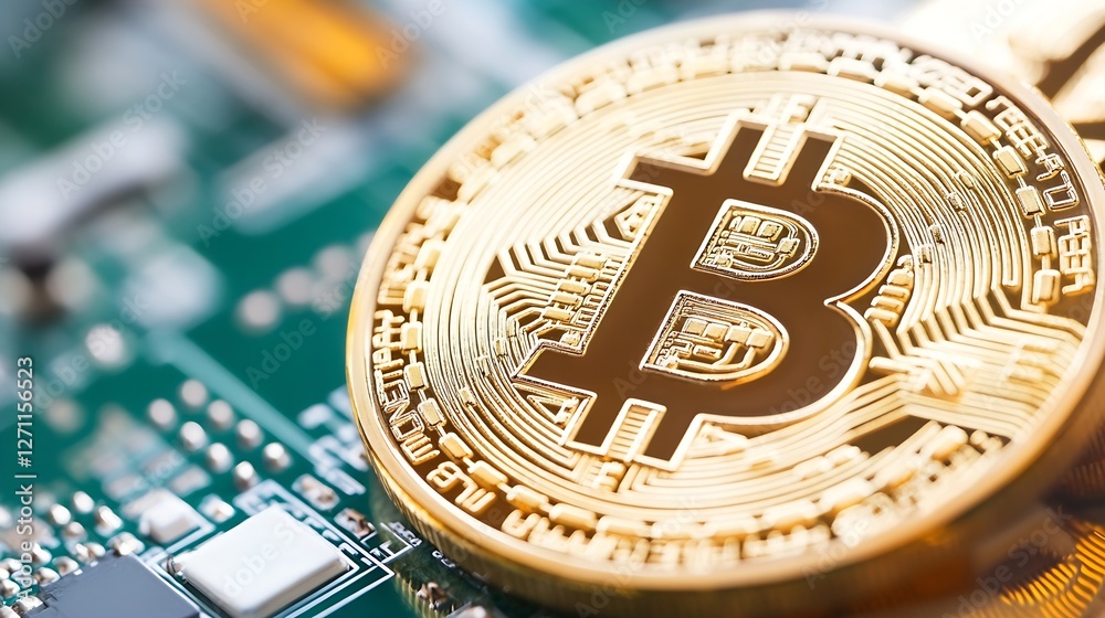 Fototapete Closeup view of a shiny gold bitcoin placed on a circuit board symbolizing cryptocurrency investment : Generative AI