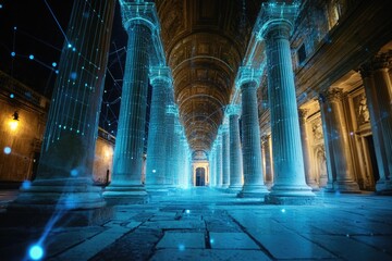 A building with architectural details, lit up at night, suitable for urban or cityscape themes