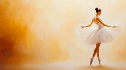 Naklejka premium Graceful ballet dancer in a white tutu performing on stage with a warm, abstract background