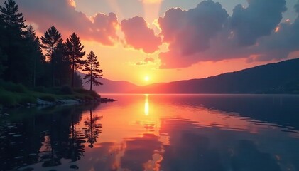 Obraz premium A serene lake scene with a sunset and surrounding trees, sunset, peaceful, scenery