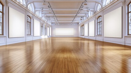 Fototapeta premium Modern art gallery with large blank painting mockups on the walls, featuring a minimalist and contemporary interior design in a bright, airy exhibition space.