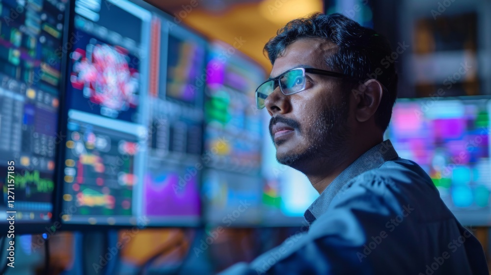 Poster A focused individual is intently observing and analyzing intricate data visualizations on multiple screens in a contemporary workspace during evening hours.