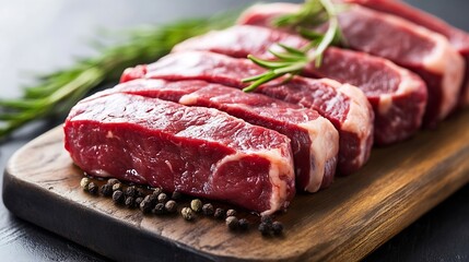 Fototapeta premium Highquality raw beef steaks displayed on a wooden board with fresh herbs and spices for grilling : Generative AI