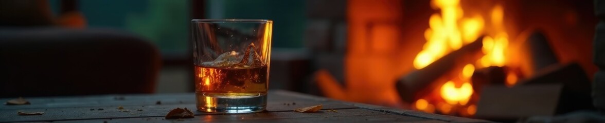 A whiskey glass raised in toast beside a crackling fire, evening scene, autumnal tones, whisky glass