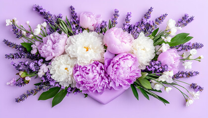 Colorful peony and lavender arrangement on plain background for festive occasions